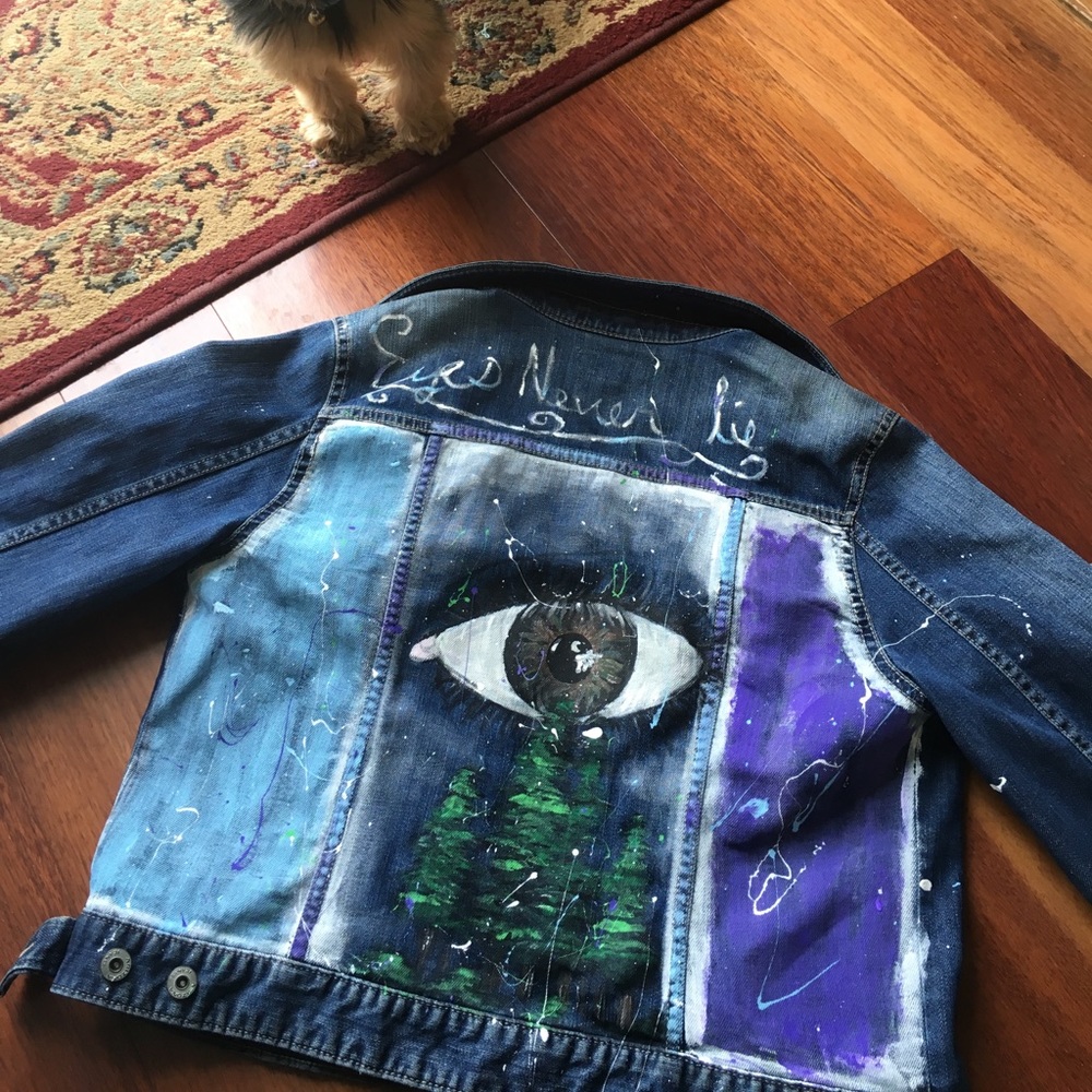 A women’s blue customized denim jacket